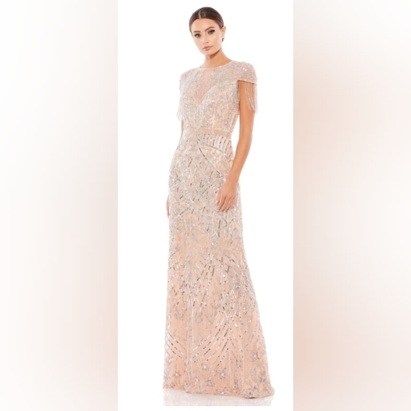 MAC DUGGAL EMBELLISHED FRINGE CAP SLEEVE TRUMPET GOWN PLATINUM PINK 12 NWT - Picture 3 of 16